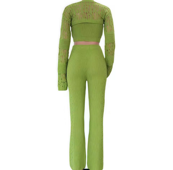 Women Color Knitted Fashion Three Piece Pant Set