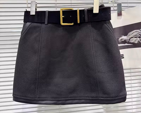 Women Color Belted Fashion Short Skirt