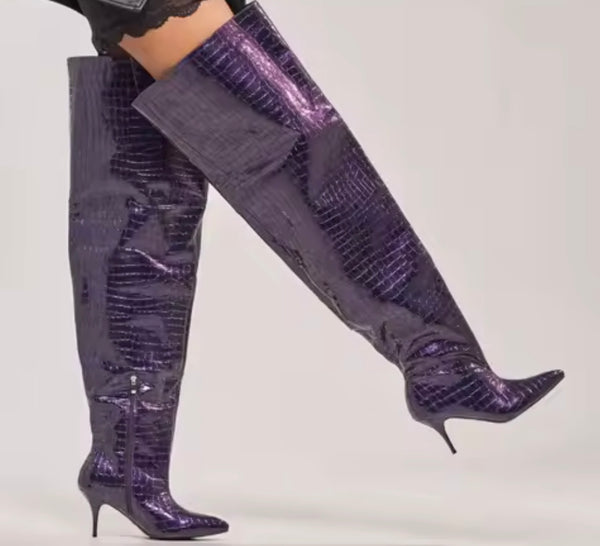 Women Fashion Purple Faux Leather Over The Knee High Heel Boots