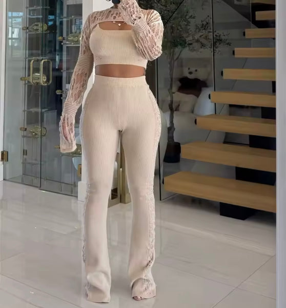 Women Color Knitted Fashion Three Piece Pant Set