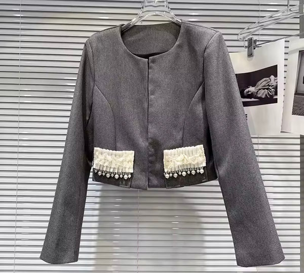 Women Gray Pearl Fashion Blazer Dress Set