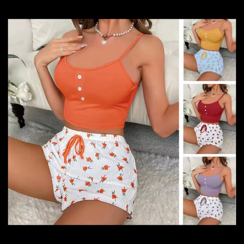 Women Sleeveless Floral Print Lingerie Short Set