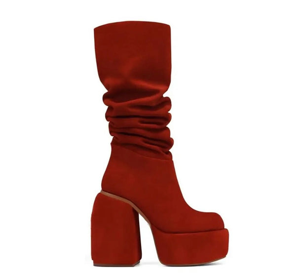 Women Fashion Suede Ruched Platform Square Heel Boots