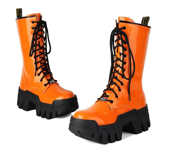 Women Fashion Color Patent Leather Lace Up Boots