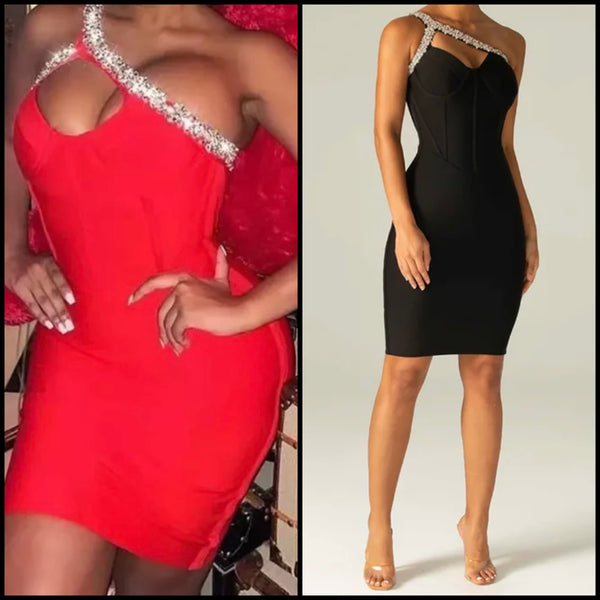 Women Sexy Bling Rhinestone One Shoulder Sleeveless Dress