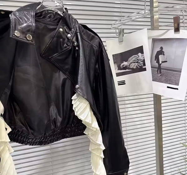 Women Fashion Ruffled Button Up Asymmetrical Faux Leather Jacket