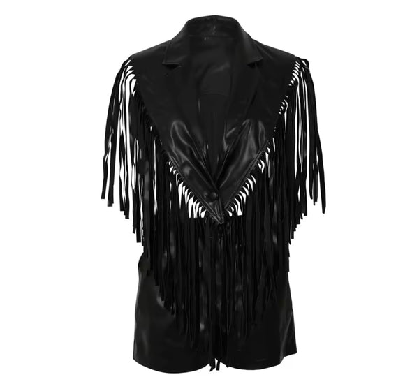 Women Fashion Faux Leather Sleeveless Tassel Two Piece Short Set