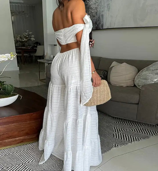 Women Sexy Off The Shoulder Open Back Wide Leg Jumpsuit