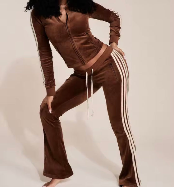 Women Fashion Velour Striped Zip Up Tracksuit Two Piece Pant Set