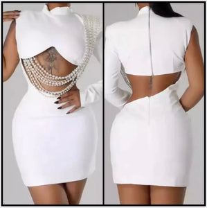 Women Sexy One Shoulder Full Sleeve Cut Out Pearl White Dress