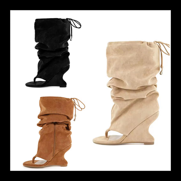 Women Fashion Suede Open Toe Wedge Ruched Drawstring Boots