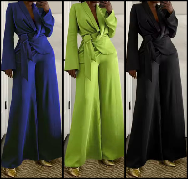 Women Color Fashion Tie Up Blazer Two Piece Wide Leg Pant Set