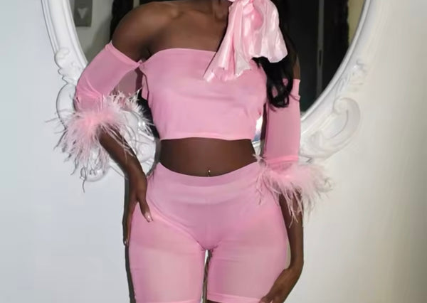 Women Sexy Strapless Feather Sleeve Mesh Two Piece Short Set
