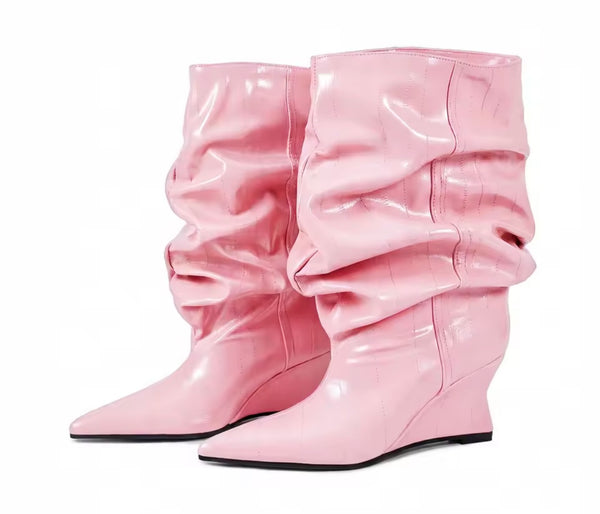 Women Pointed Toe Ruched Fashion Faux Leather Platform Ankle Boots
