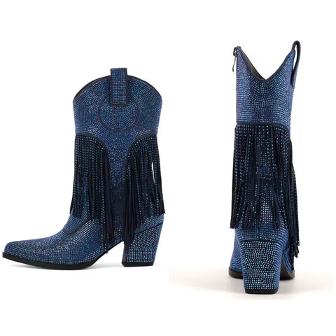 Women Fashion Blue Bling Fringe Tassel Western Boots