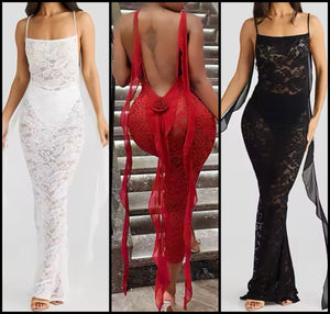 Women Sexy Sleeveless Open Back Lace Maxi Dress