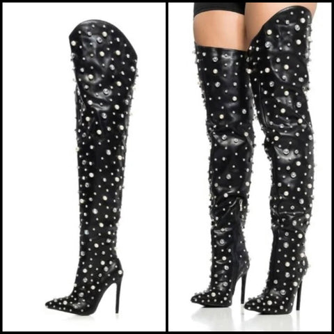 Women Black Faux Leather Bling Thigh High Boots