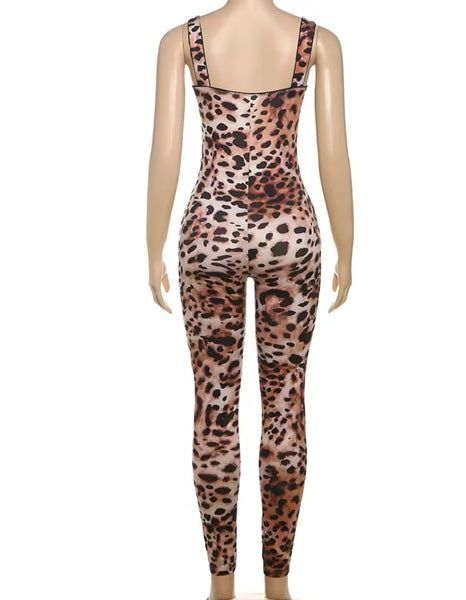 Women Sexy Fashion Sleeveless Leopard Jumpsuit