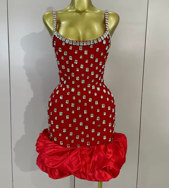 Women Sexy Sleeveless Ruffled Rhinestone Bandage Dress