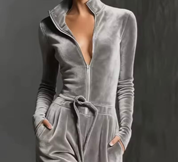 Women Gray Velour Zip Up Full Sleeve Jumpsuit