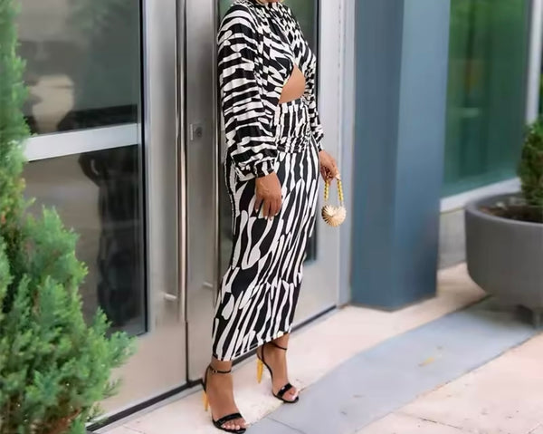 Women Sexy B&W Printed Full Sleeve Two Piece Maxi Skirt Set