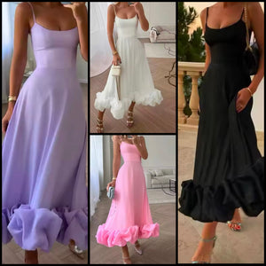 Women Sexy Sleeveless Solid Color Ruffled Maxi Dress