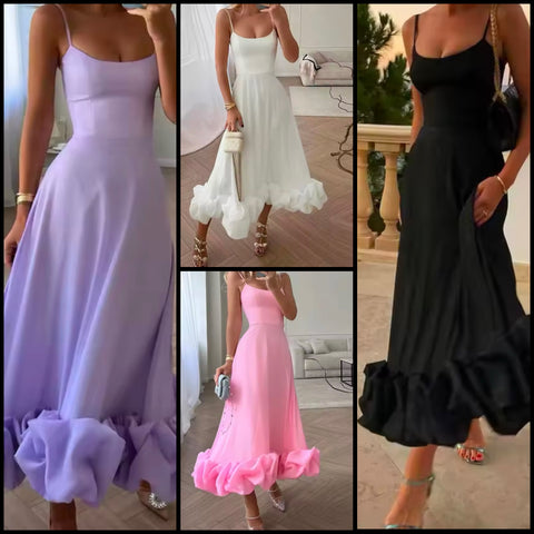 Women Sexy Sleeveless Solid Color Ruffled Maxi Dress