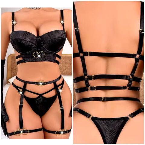 Women Sexy Black PU Glove Lingerie Set