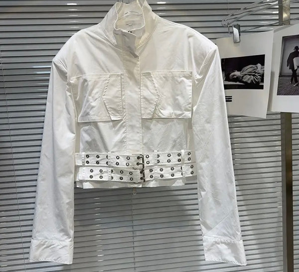 Women Fashion Solid Color Pocket Buckled Jacket