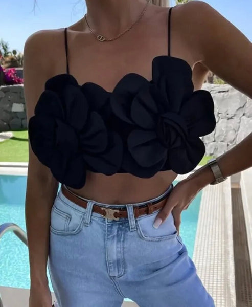 Women Sleeveless Solid Color Floral Crop Top