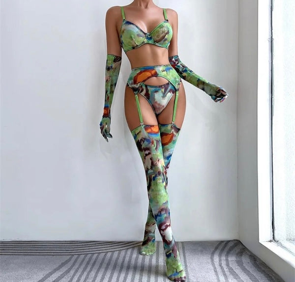 Women Sexy Multicolored Print Mesh Glove Stockings Lingerie Set