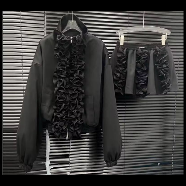 Women Fashion Black Ruffled Zip Up Jacket Two Piece Skirt Set