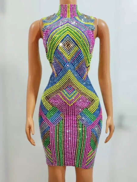 Women Sexy Sleeveless Multicolored Rhinestone Dress