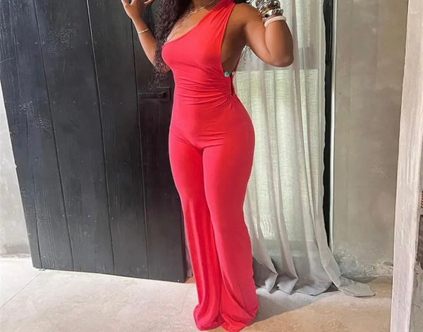 Women Sexy Solid Color One Shoulder Sleeveless Jumpsuit