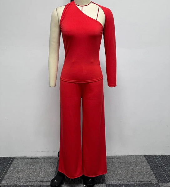 Women Red Sexy One Shoulder Full Sleeve Two Piece Pant Set