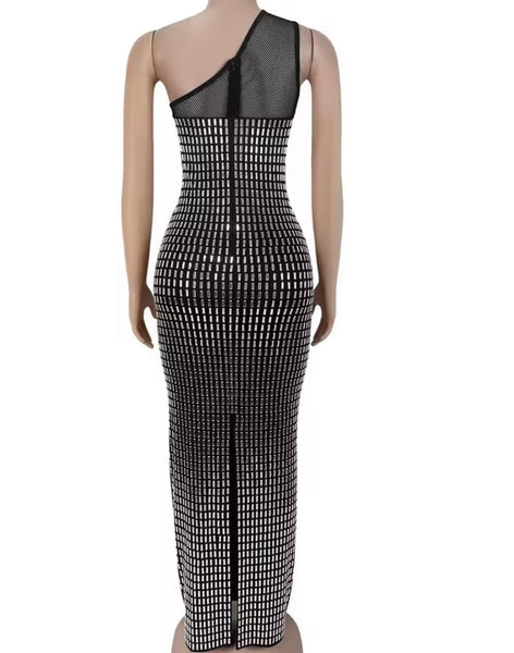 Women Sexy One Shoulder Sleeveless Bling Rivet Maxi Dress
