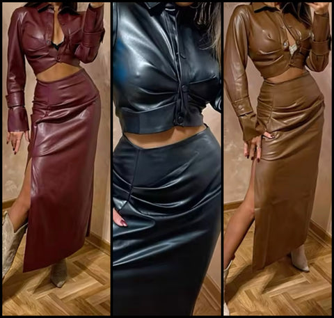 Women Sexy Solid Color Faux Leather Two Piece Maxi Skirt Set