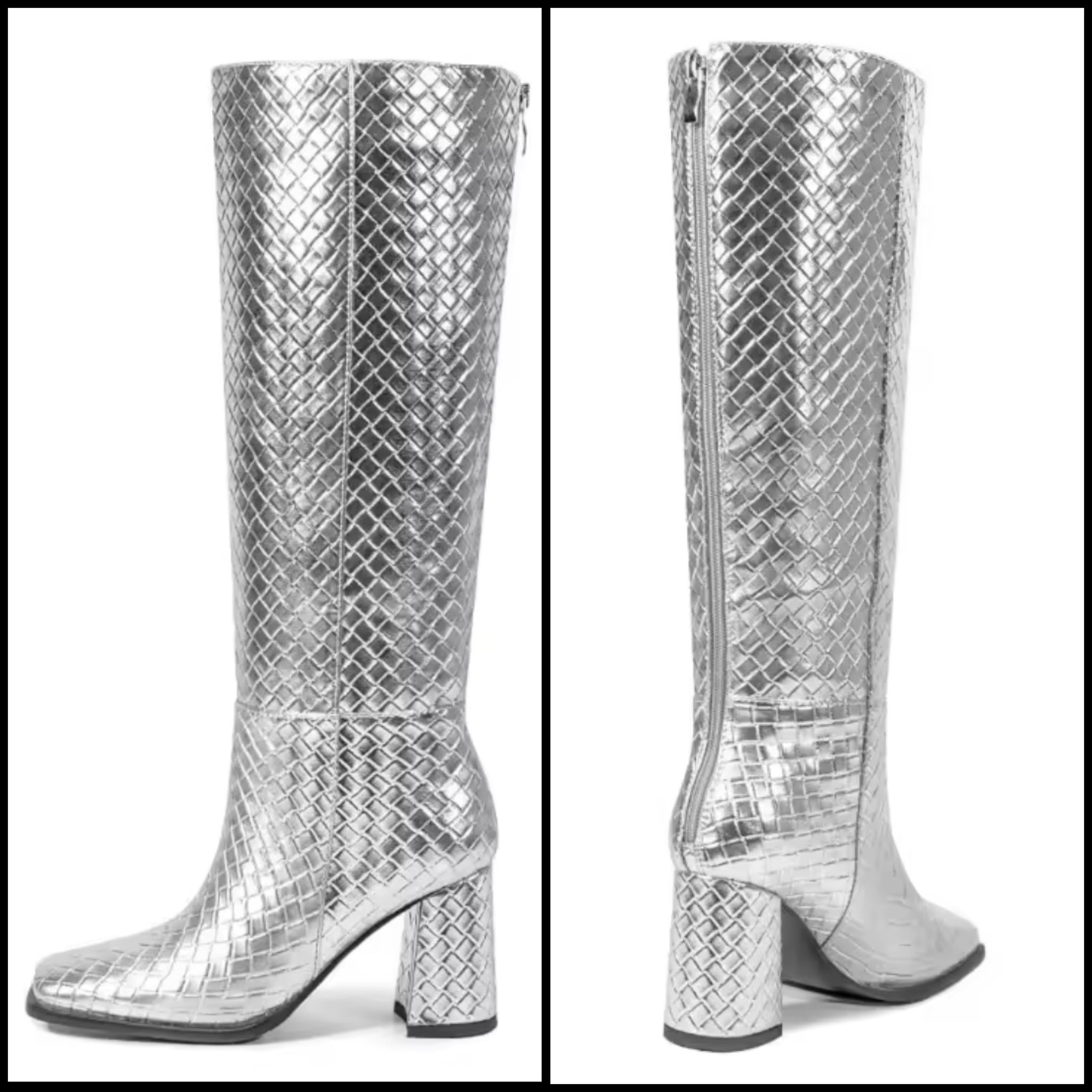 Women Fashion Silver Faux Leather Back Zipper Knee High Boots