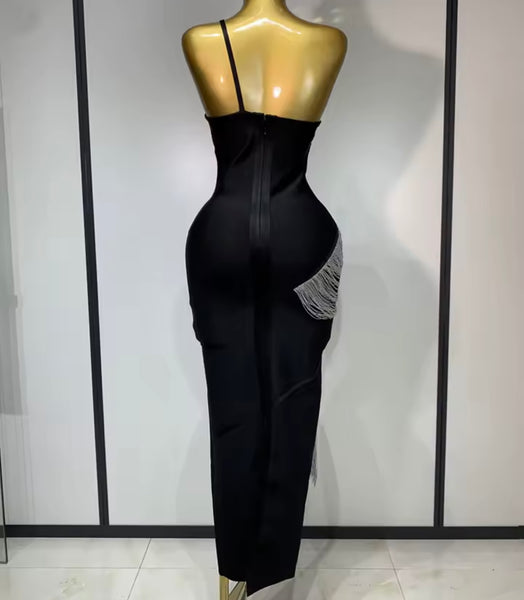 Women Black One Shoulder Sleeveless Fringe Tassel Dress