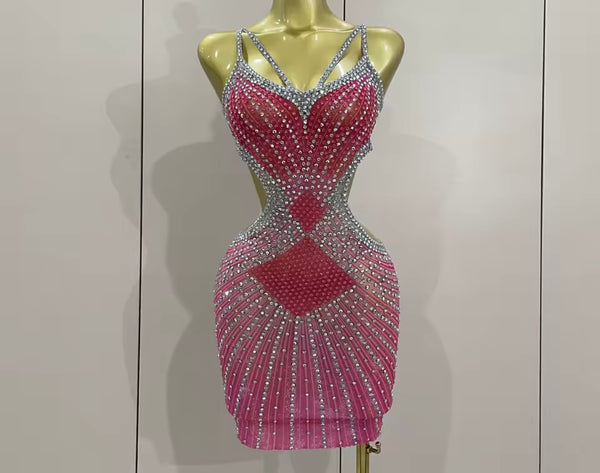 Women Sexy Sleeveless Open Back Pink Rhinestone Dress