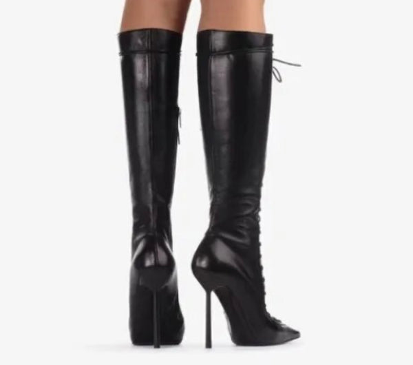 Women Black Pointed Toe Lace Up Ankle/Knee High Fashion Boots