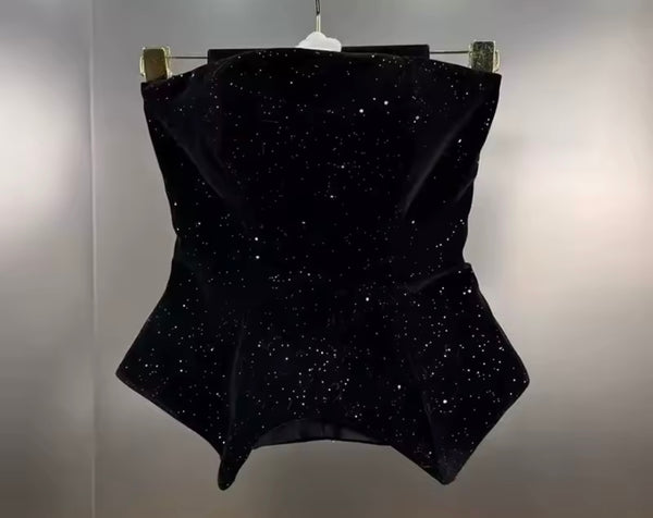 Women Sexy Strapless Sequins B&W Floral Two Piece Skirt Set