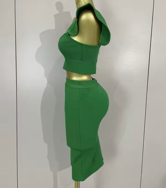 Women Sexy Ruffled Sleeveless Crop Two Piece Skirt Set