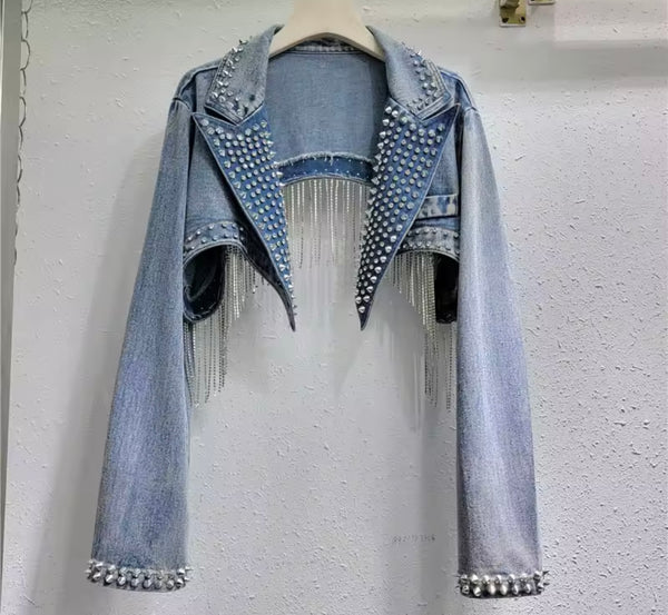 Women Rivet Rhinestone Tassel Fashion Denim Crop Jacket