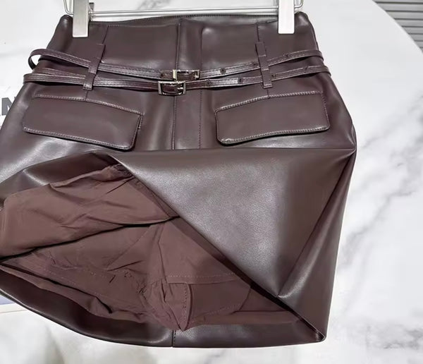 Women Pocket Double Belted Faux Leather Skirt