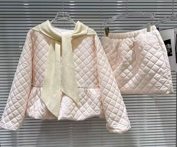 Women Quilted Fashion Hooded Jacket Two Piece Skirt Set