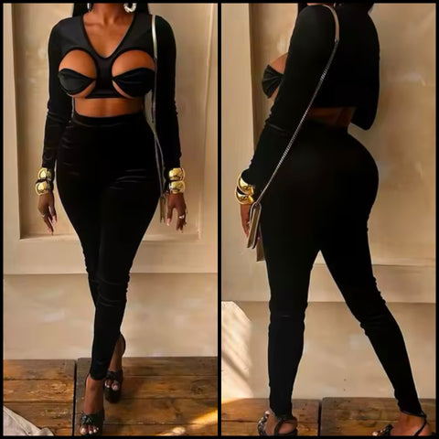 Women Sexy Black Velour Cut Out Full Sleeve Two Piece Pant Set