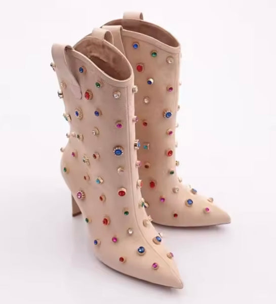 Women Suede Color Crystal Fashion High Heel Ankle Boots