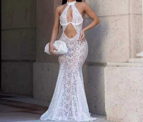 Women White Halter Sleeveless Lace Cut Out Sexy Maxi Dress