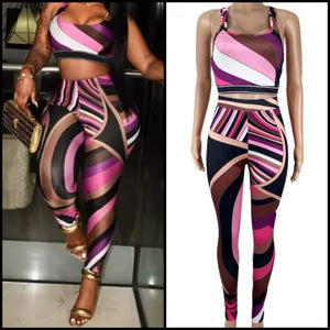 Women Sexy Sleeveless Multicolor Striped Tank Two Piece Pant Set